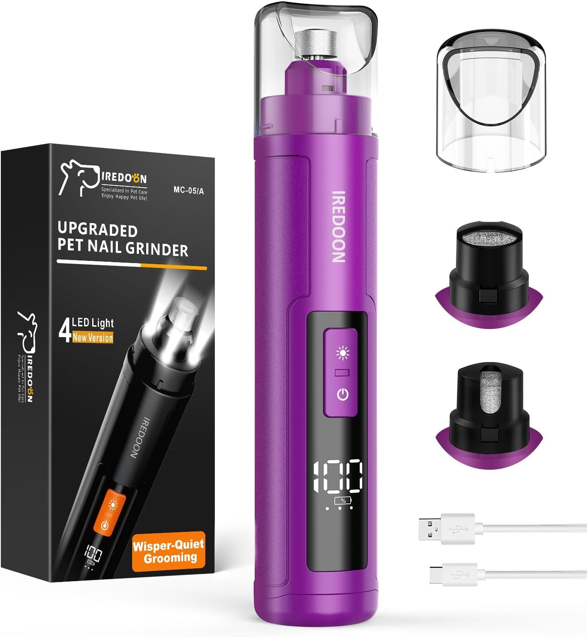 Dog Nail Grinder with 4 LED Lights - Purple