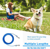 10/15/20/25/30 FT Dog Tie Out Cable - Steel Wire Dog Runner with Durable Clips for Outside Lead - Blue - Up to 165 lbs