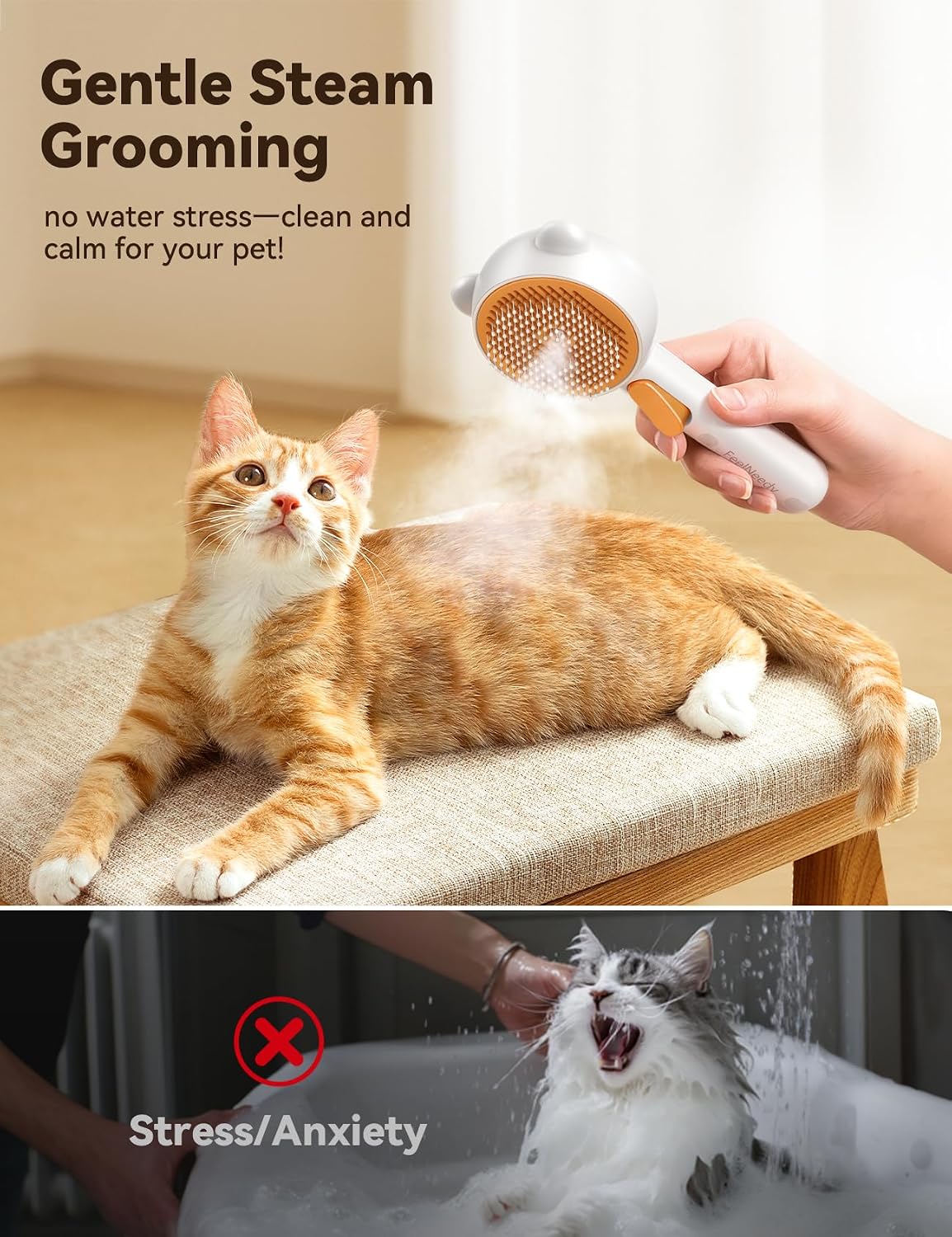 Cat Steam Brush, Brushes for Indoor Cats with Release Button - Orange - image 2