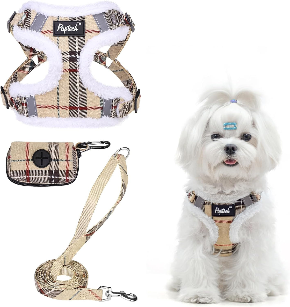 PUPTECK Dog Harness and Leash Set Small Sized - M (17-25lbs, Chest 17"-21") / #3 Beige(Plush Plaid)