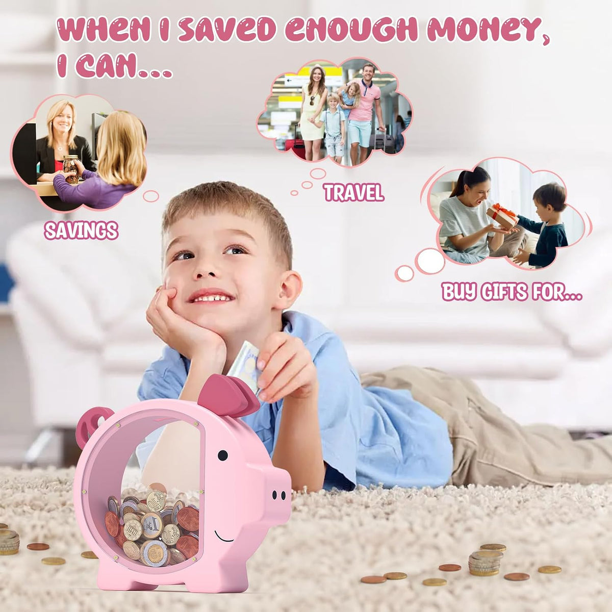 KMC wooden piggy bank for kids with clear acrylic front panel in pink - view 7