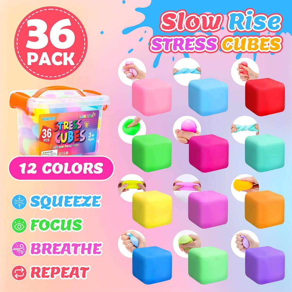 VISCOO 12 Pack Slow Rising Stress Cube - 1.4 in 36 Packs - 12 Colors - image 4
