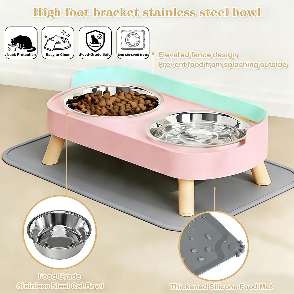 Elevated Cat Bowls with Food Mat - Pink - image 3