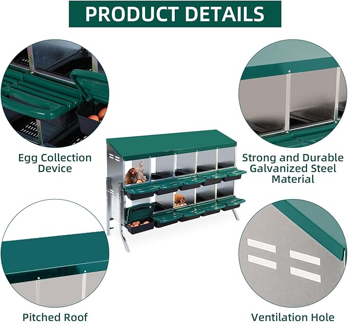 Chicken Nesting Box, 10 Hole 2 Layer Hen Nest Box with Legs, Roll Away Eggs Laying Boxes,Cleanable Pull Out Hen Roosting Boxes