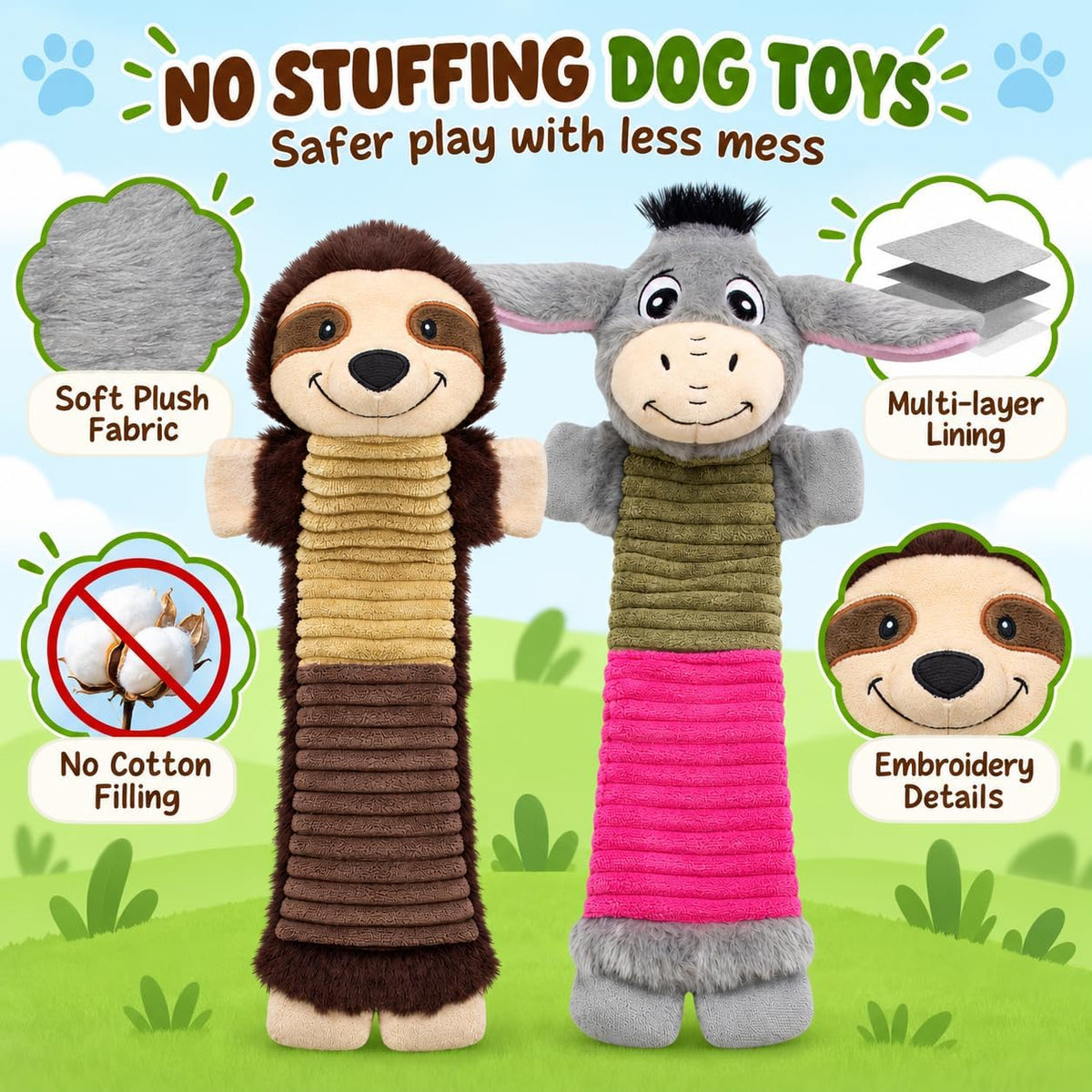 2 Pack No Stuffing Dog Squeaky Toys - Donkey&Sloth - image 2