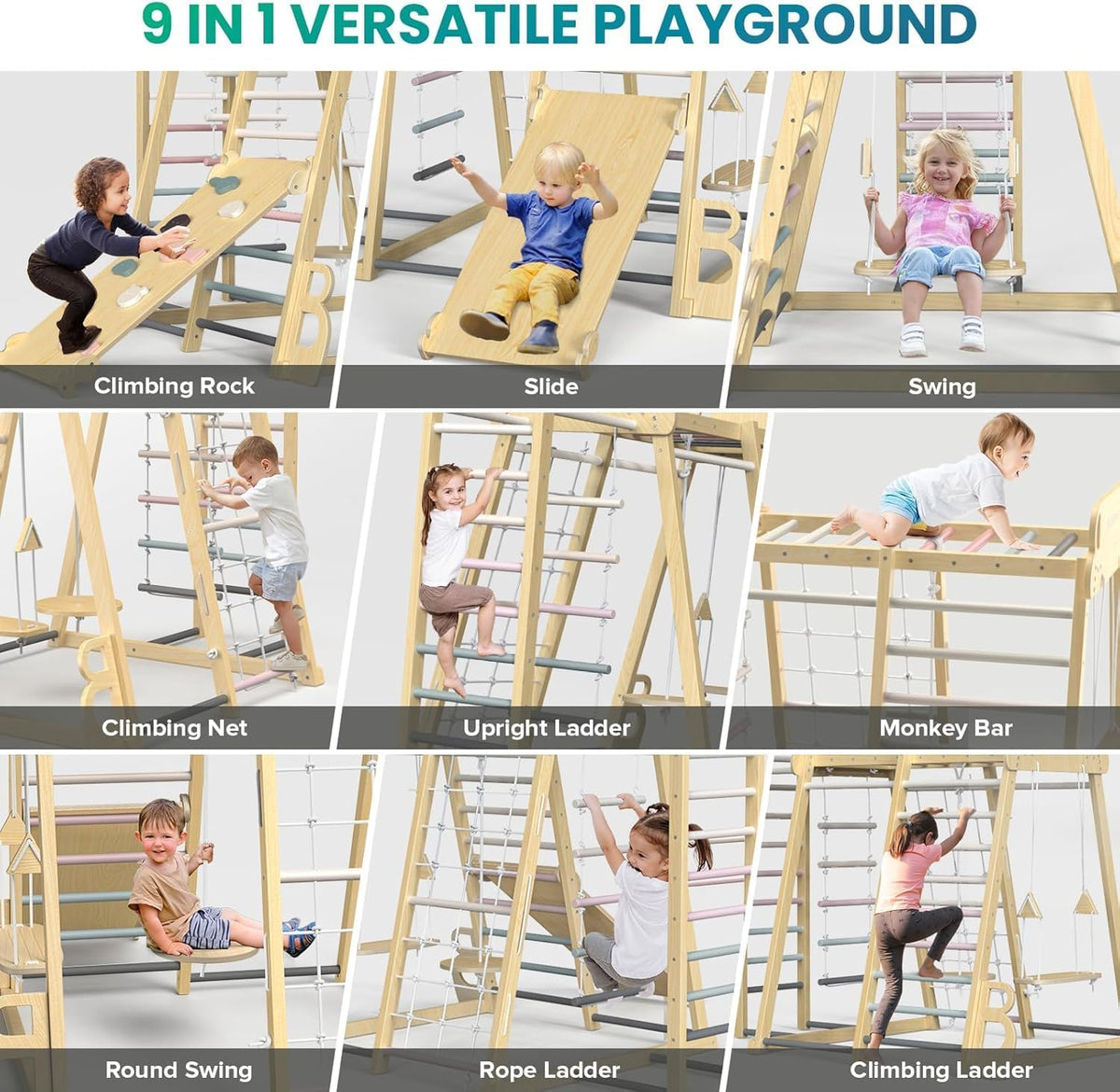 BlueWood Upgraded Indoor Jungle Gym 9-in-1 Playground Kids Climbing - Pink / 9-in-1 - image 3