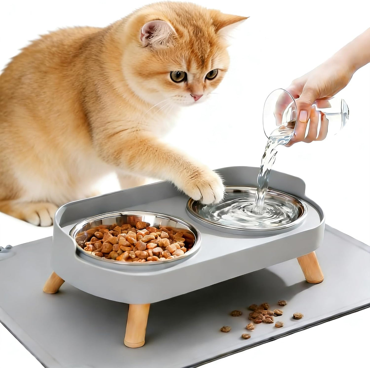 Elevated Cat Bowls with Food Mat - Grey