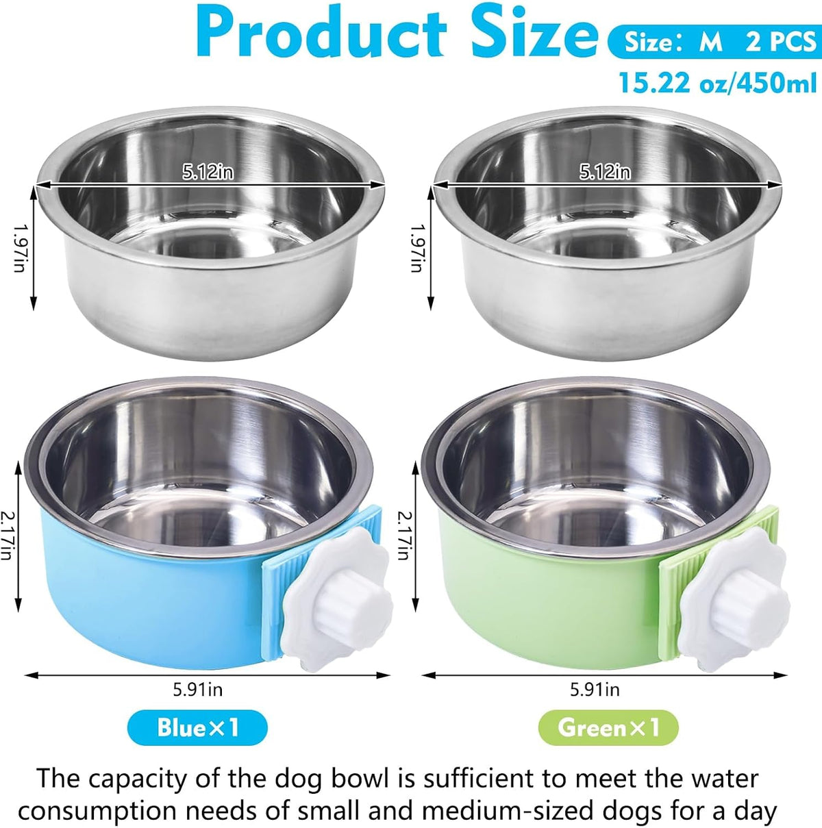 2PCS Stainless Steel Dog Bowls Set Removable Puppy Food and Water - 2 PCS / Size: M (Blue, Green) - image 2