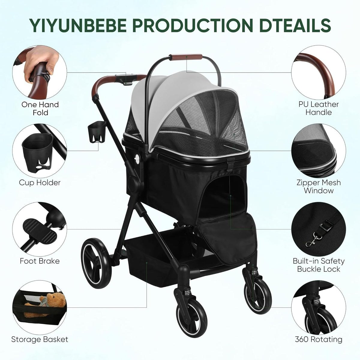 Foldable Double Pet Stroller for 2 Small Medium Cats Dogs – Essentials for Cats - Gray / Single - image 4