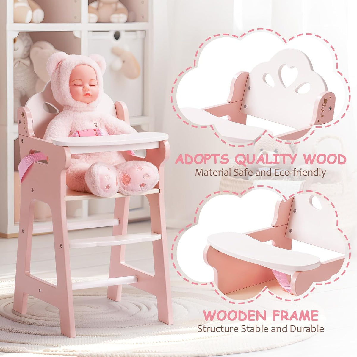 ROBOTIME wooden doll high chair with tray, footrest and flower shaped back in white and pink - view 5