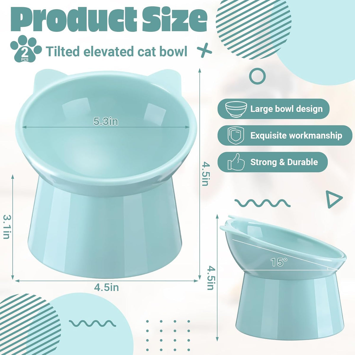 Zhehao 2 Pcs Elevated Cat Bowl Set, Tilted 15° - Cat Ears / Light Green - image 2