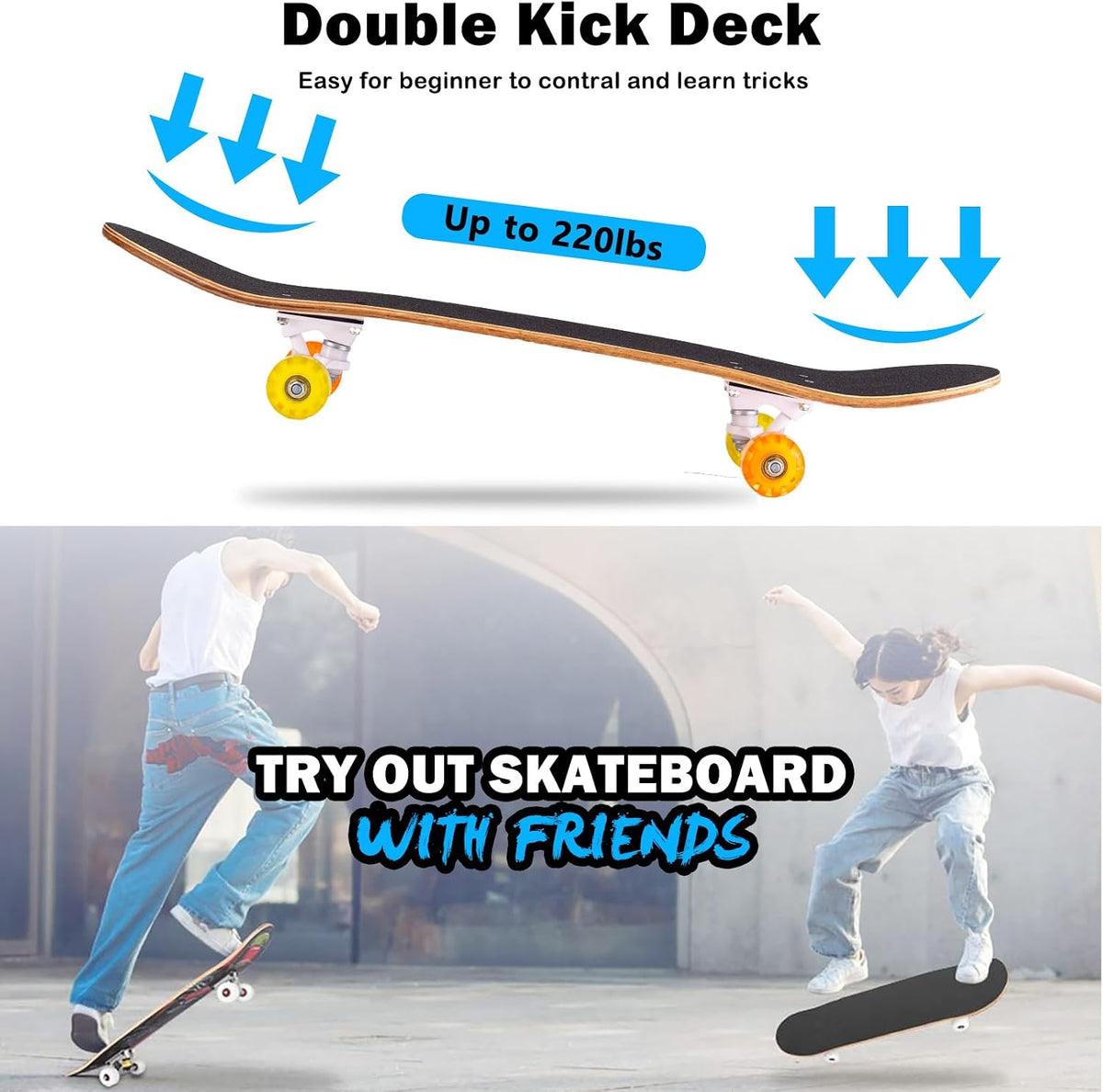 Skateboard,31 x 8 Inch Complete Skateboard, 8-Layer Maple Wood Deck Double Kick Standard - Rainbow-CX - image 3