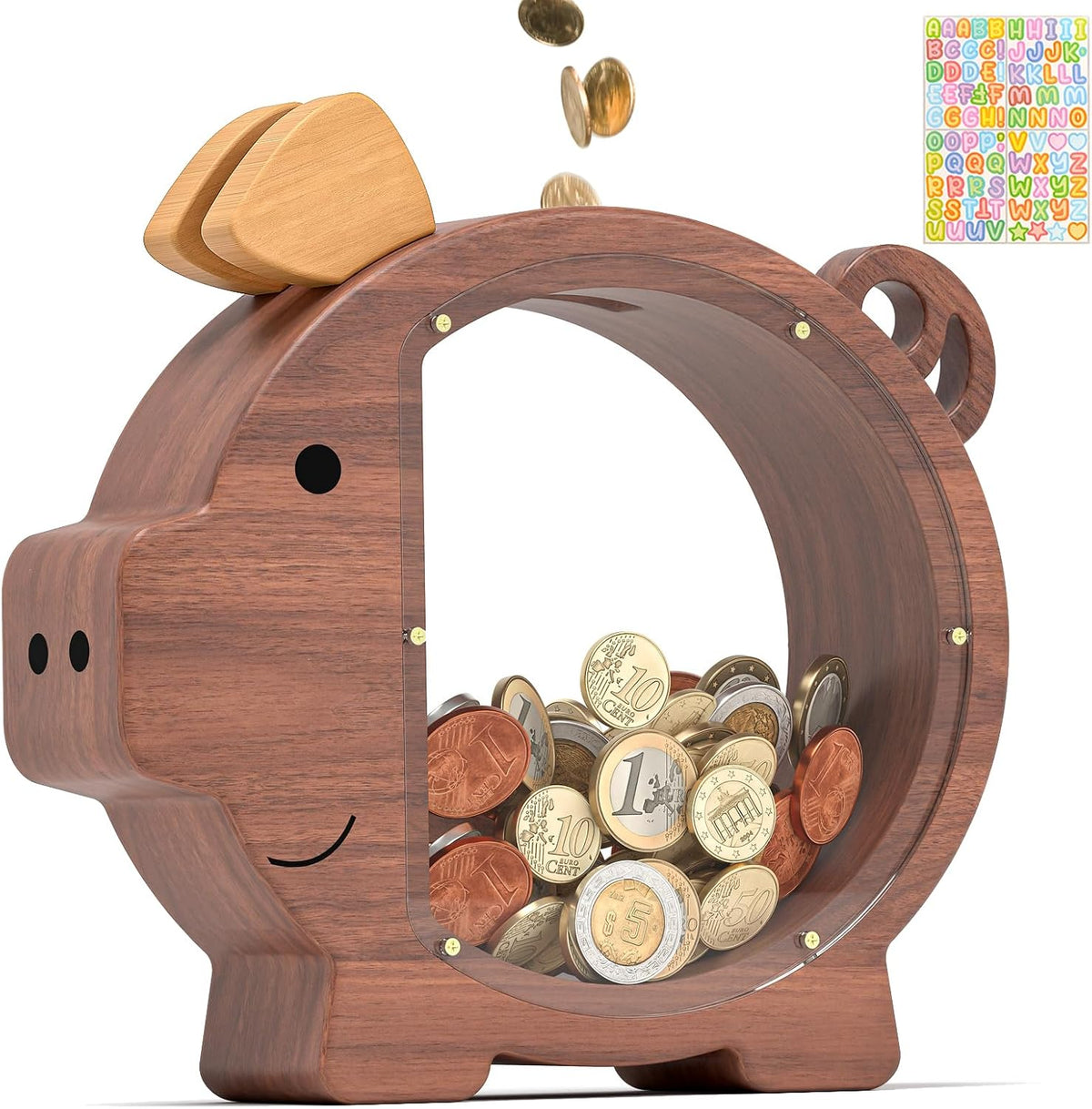 Summidate Pink Piggy Bank for Kids Girls - Walnut Wood Piggy / Standard