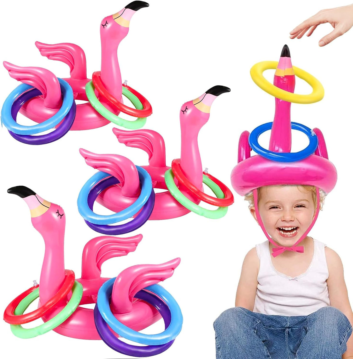 Camlinbo 15 Pcs Inflatable Flamingo Pool Toys Ring Toss Pool Game – Fun for Kids & Family