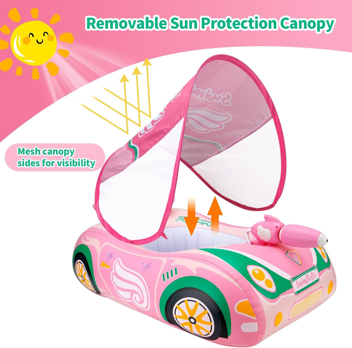 Toddler Float Inflatable Baby Swim Float with Canopy and Seat Pool - Pink Car with Water Gun - image 2