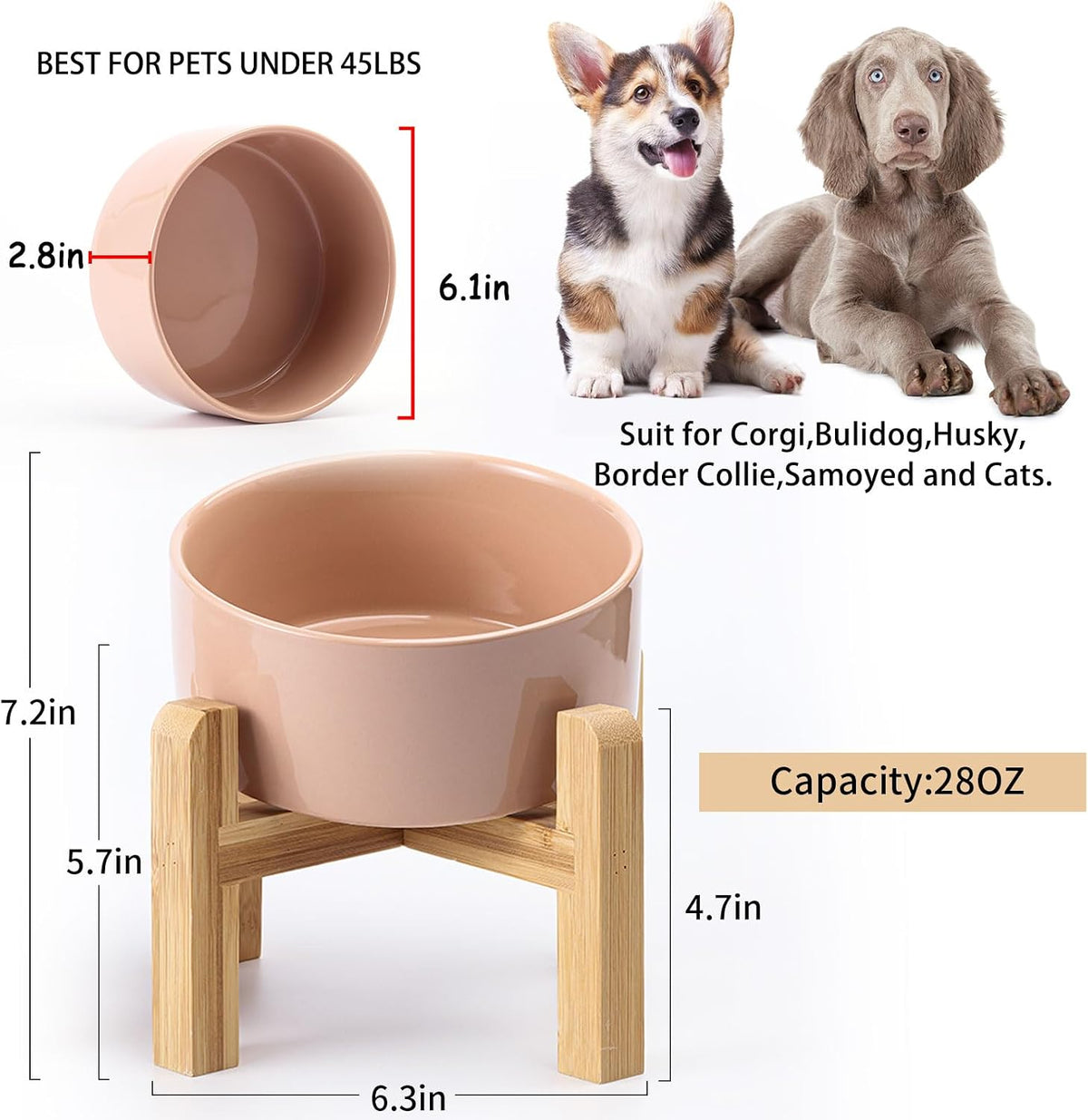 Black Raised/Elevated 15°Slanted Ceramic Dog Bowl for Small Breeds - Khaki / 3.6 CUPS - Medium Dog Bowls - image 3