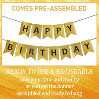 Happy Birthday Banner,Pre-Strung Black and Gold Party Decorations，16ft Pre-Strung Hanging Sign - gold-black - image 2
