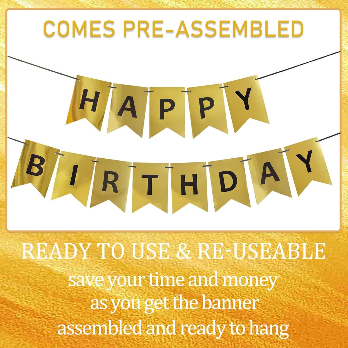Happy Birthday Banner,Pre-Strung Black and Gold Party Decorations，16ft Pre-Strung Hanging Sign - gold-black - image 2