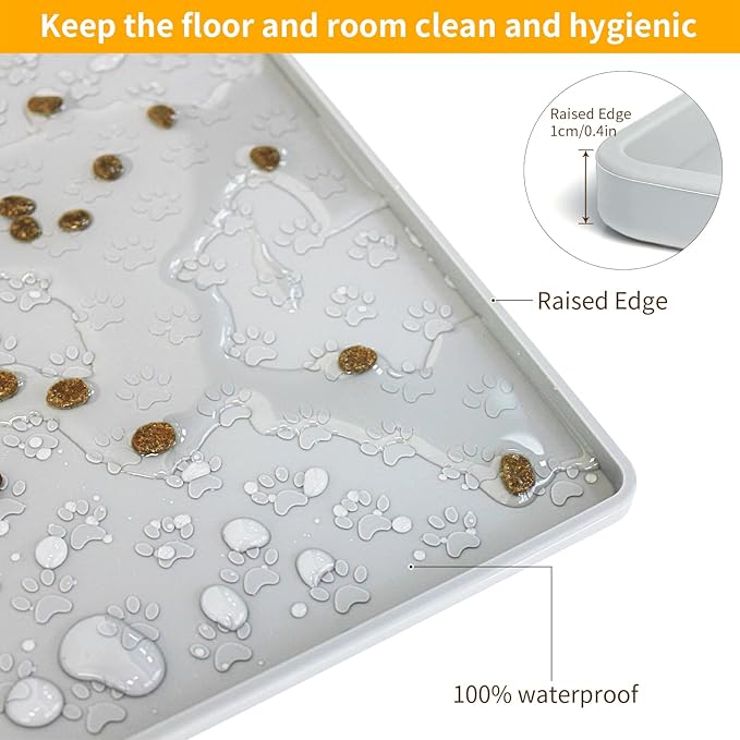 Ptlom Dog Food Mat Anti-Slip Bowl Mats for Food and Water, Waterproof Silicone Pet Placemat with High Raised Edges, Non-Slip Puppy Feeding Tray for Small, Medium Large Cats Dogs, Gray, 11.8"x11.8"