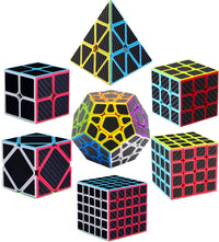 Speed Cube Set, ROXENDA 2x2 3x3 4x4 5x5 Skew Megaminx Pyramid Cube Bundle – Fun for Kids & Family - 7 Pack Carbon Fiber