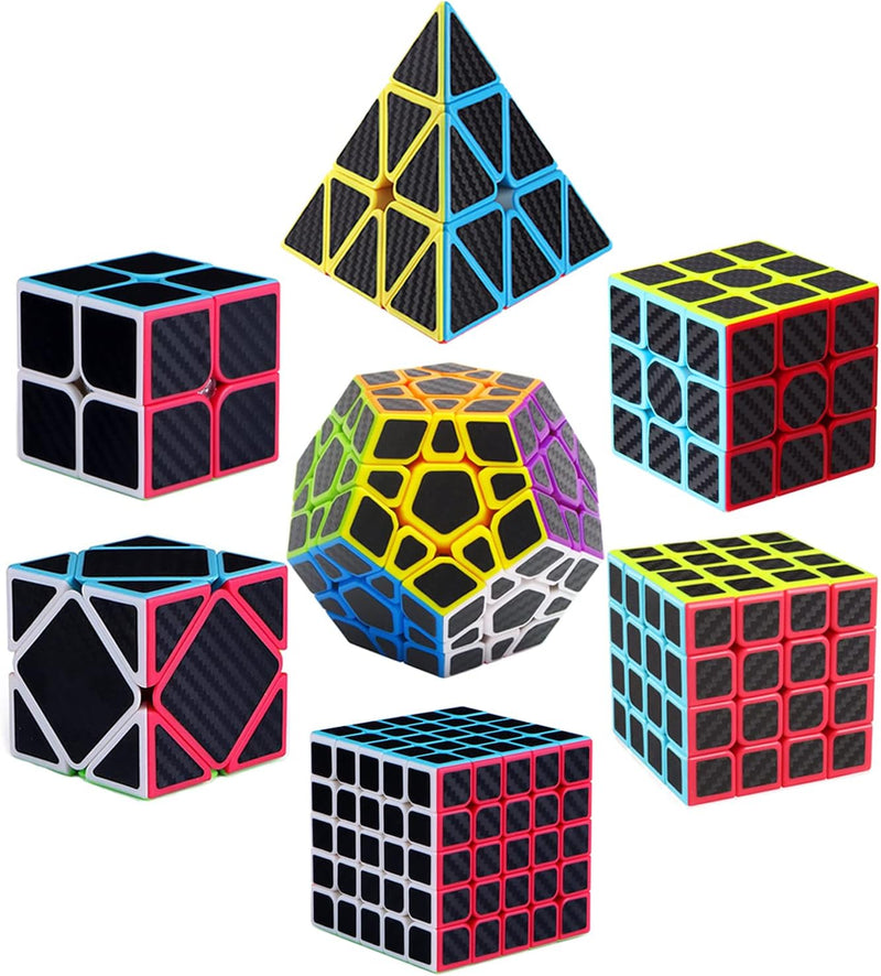 Speed Cube Set, ROXENDA 2x2 3x3 4x4 5x5 Skew Megaminx Pyramid Cube Bundle – Fun for Kids & Family - 7 Pack Carbon Fiber