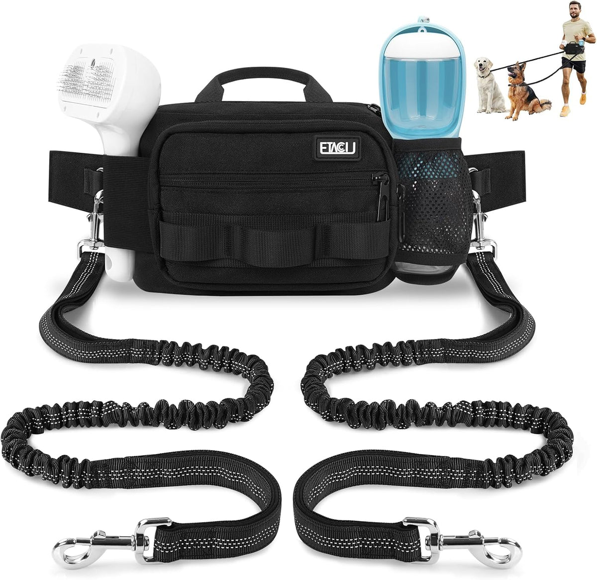 ETACCU Hands Free Dog Leash with Phone Pouch - 2 Dog Black