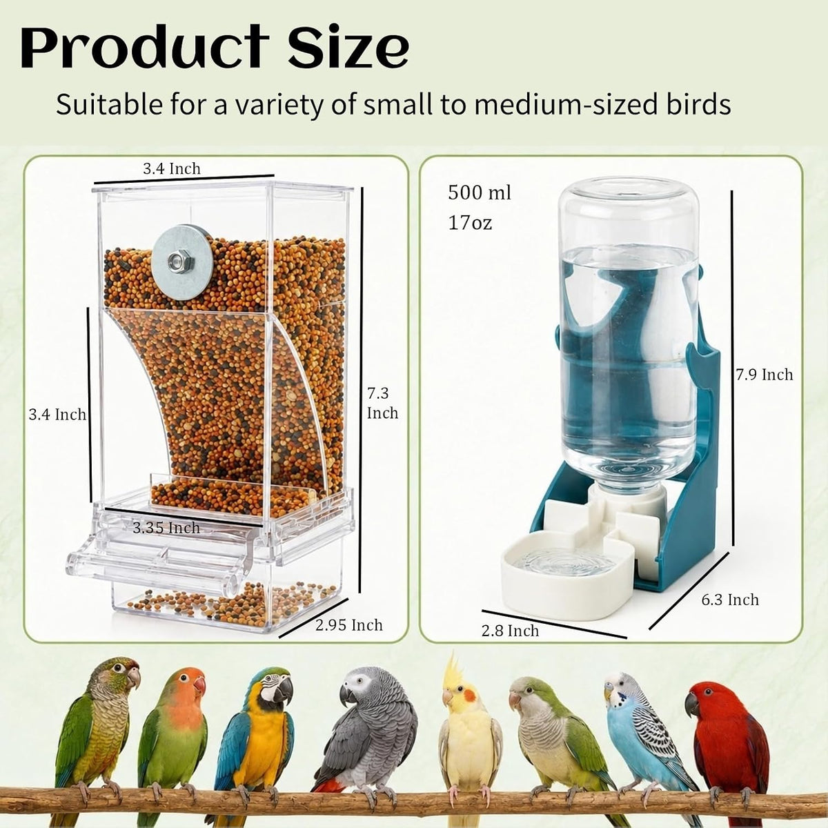 No Mess Bird Feeder for Cage Automatic Small Bird Food Container - Blue+Transparent / 2Pcs - image 2