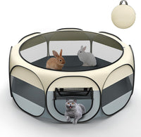 Small Animals Playpen, Waterproof Pet Tent with Zippered Top - Beige + Gray