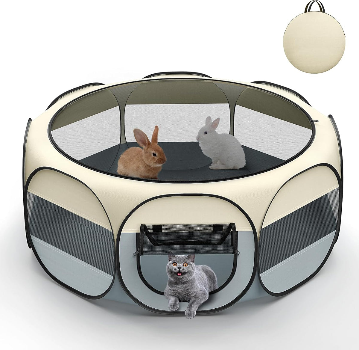 Small Animals Playpen, Waterproof Pet Tent with Zippered Top - Beige + Gray