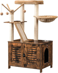 HOOBRO Cat Tree with Litter Box Enclosure - Rustic Brown