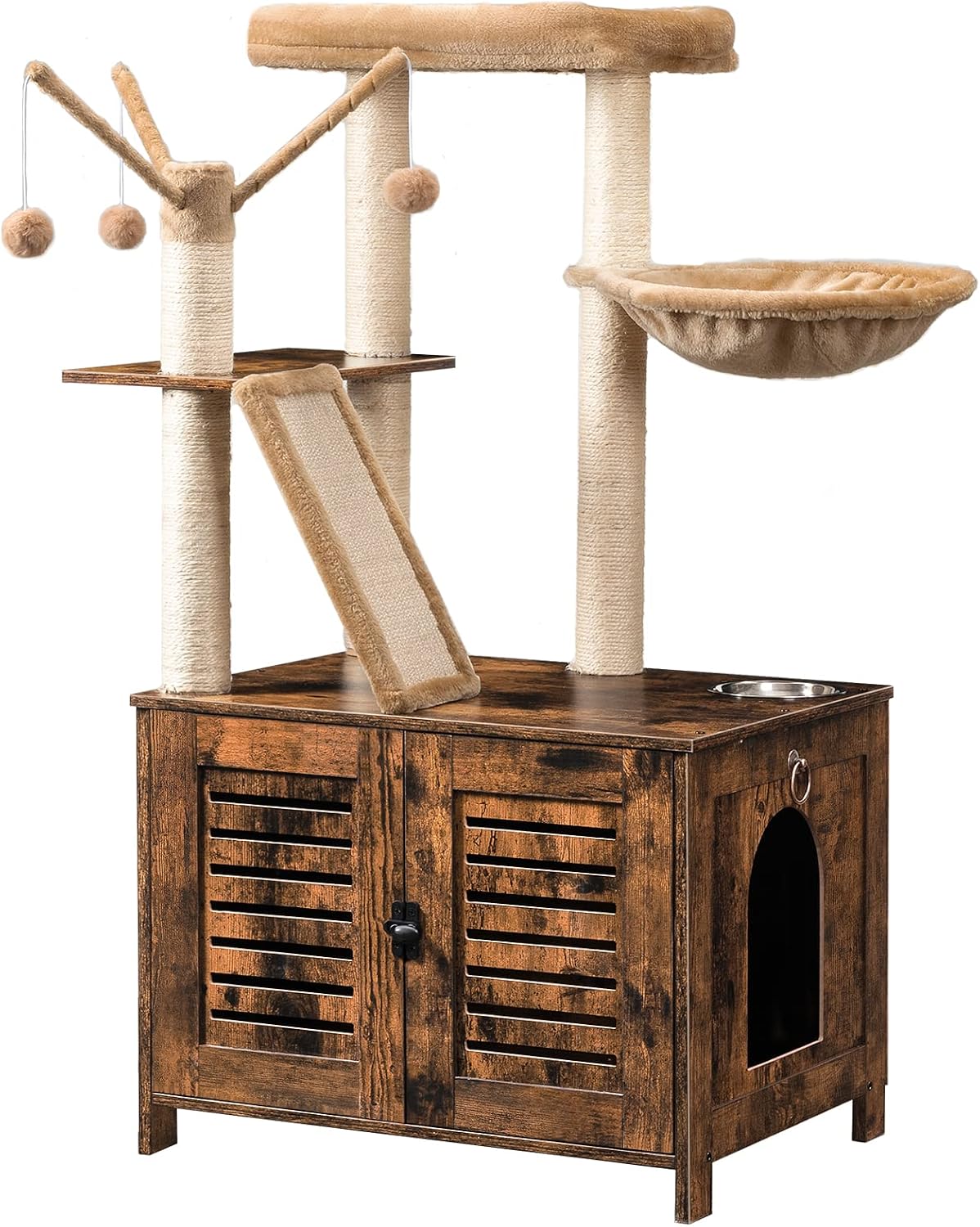 HOOBRO Cat Tree with Litter Box Enclosure - Rustic Brown