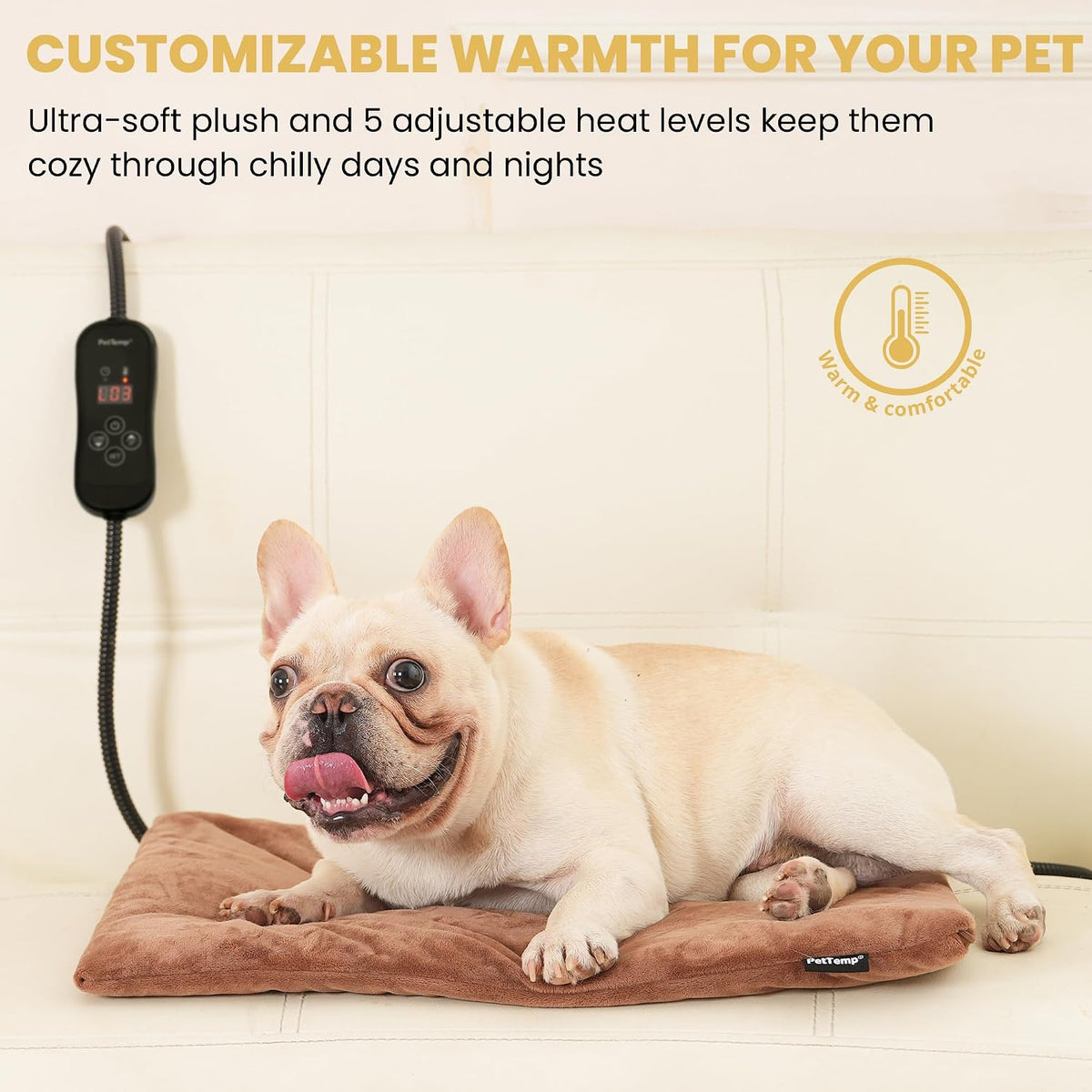 Cat Heating Pad, Heated Cat Bed, 5 Temps & Timer - Brown / M: 20" x 16" - image 2