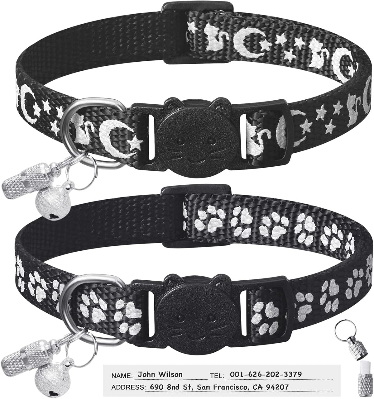 LLHK 2 Pack Breakaway Cat Collars & 2 Pcs Name Tags - Black