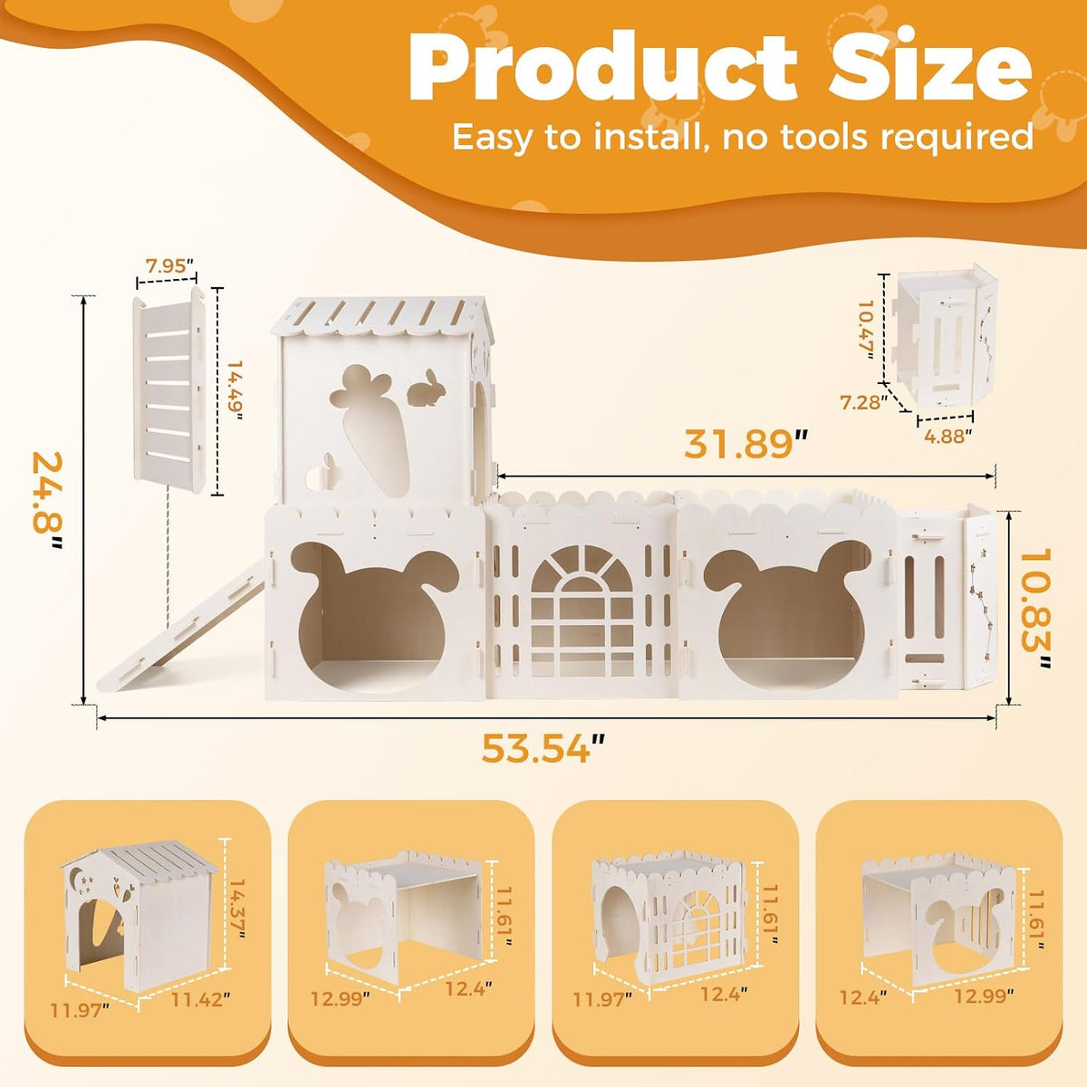 Large Rabbit House, Wooden Bunny Castle with 3 Houses Indoor - 4 Houses with Hay Feeder - image 3