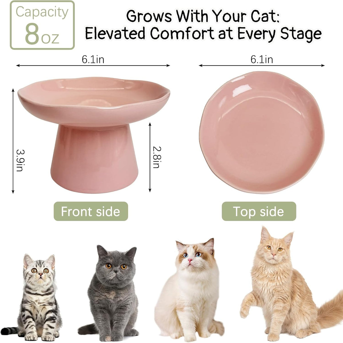 VCEPJH Elevated Cat Bowls 6.1in Wide Shallow Ceramic Raised Food Dish – Essentials for Cats - Pink(Pack of 1) - image 2
