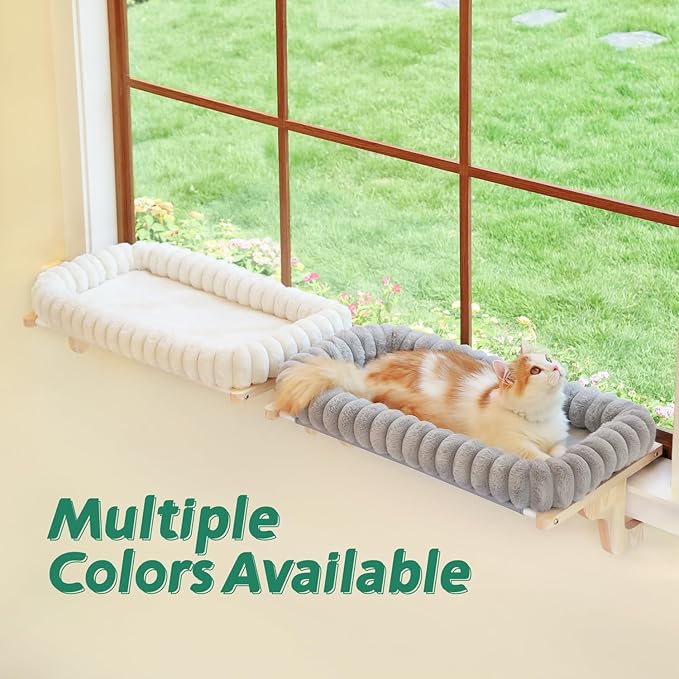 SnugCloud Cat Window Perch with 4-Sided Bolster - Orthopedic Cat Hammock for Window Sill - Solid Hardwood & Metal Frame - Window Seat for Pets (Natural Color Wood w/White Bed, Medium)