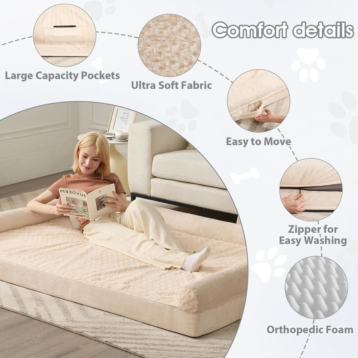 Orthopedic Washable Large Dog Bed for Senior Dog Comfy Sleep – Essentials for Dogs - 71"l x 46"w x 7"th / Beige - image 2