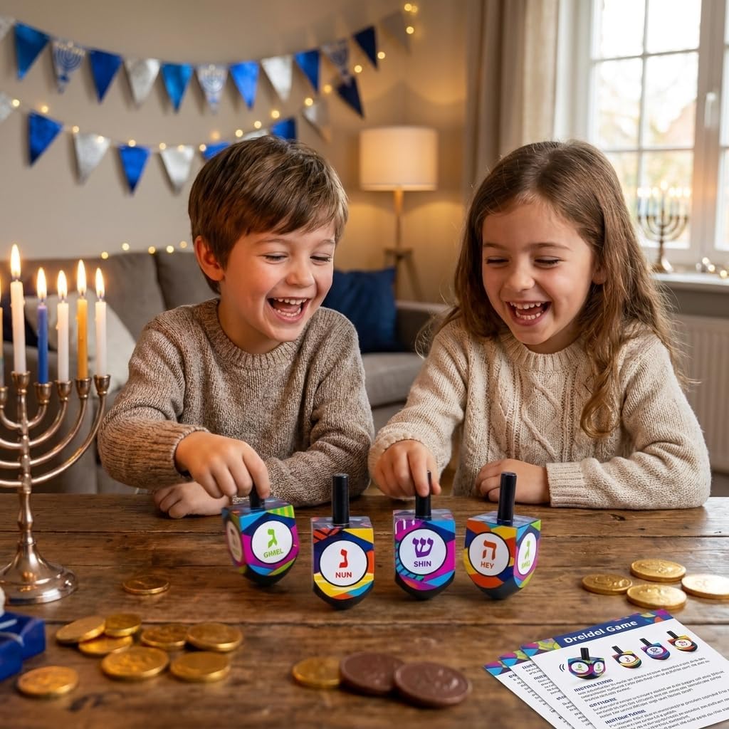 The Dreidel Company multi-colored hand painted wooden dreidels with Hebrew letters, 4-pack - view 7