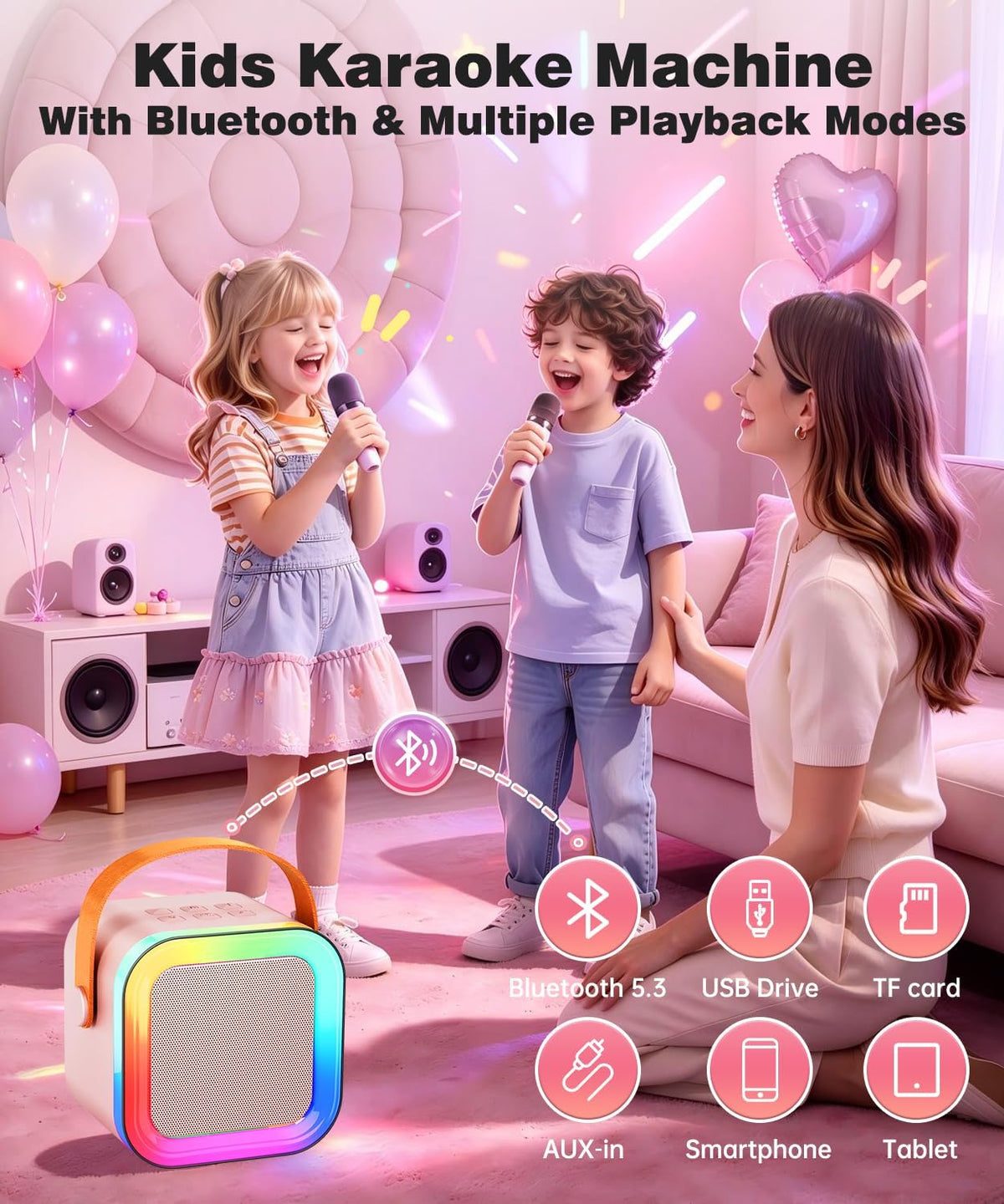 Mini Kids Karaoke Machine Ages 3-12 - Pink - 1 Mic - image 3