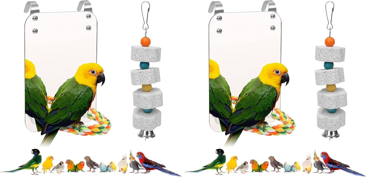 7" Bird Mirror for Cage, Parakeet Cockatiel Parrot Mirror with Rope Perch – Essentials for Birds - 7x5 inches (Pack of 2)