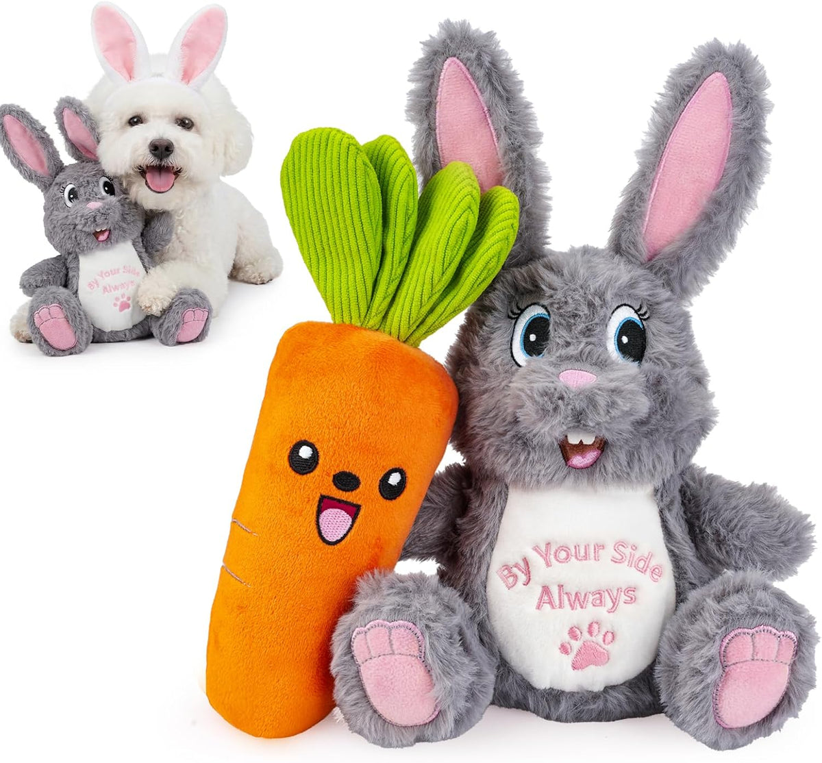 No Stuffing Dog Squeaky Toys Dogs Love These! – Essentials for Dogs - Gray Bunny & Orange Carrot / 2 PACK 10" Bunny & 9" Carrot