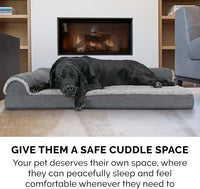Furhaven Cooling Gel Dog Bed for Large Dogs w/ Removable Bolsters & Washable Cover, For Dogs Up to 125 lbs - Two-Tone Plush Faux Fur & Suede L Shaped Chaise - Stone Gray, Jumbo Plus/XXL