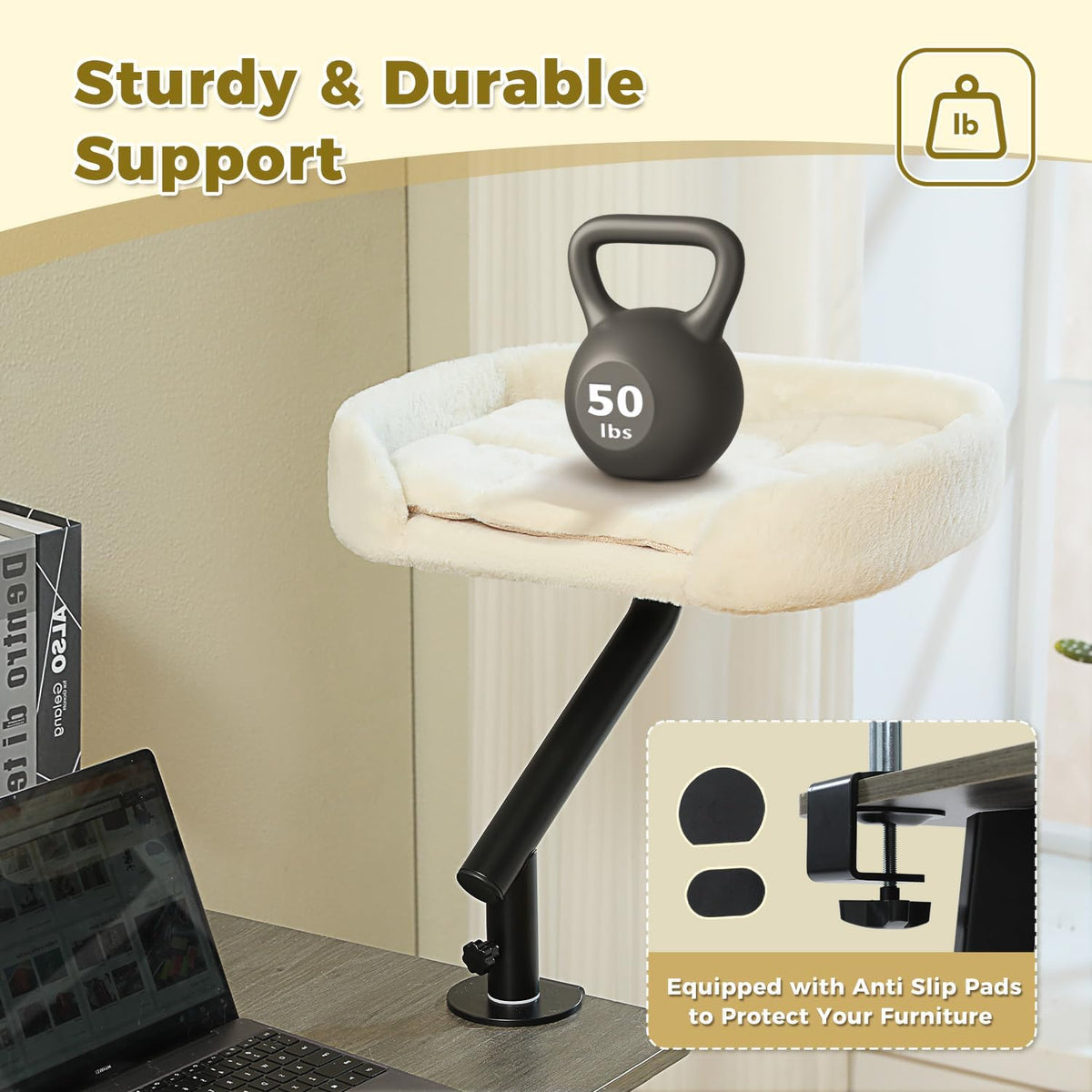 PAWZ Road Cat Desk Bed 360°Rotating Supports to 50 Lbs Cozy Nest - Beige / Plush - image 4