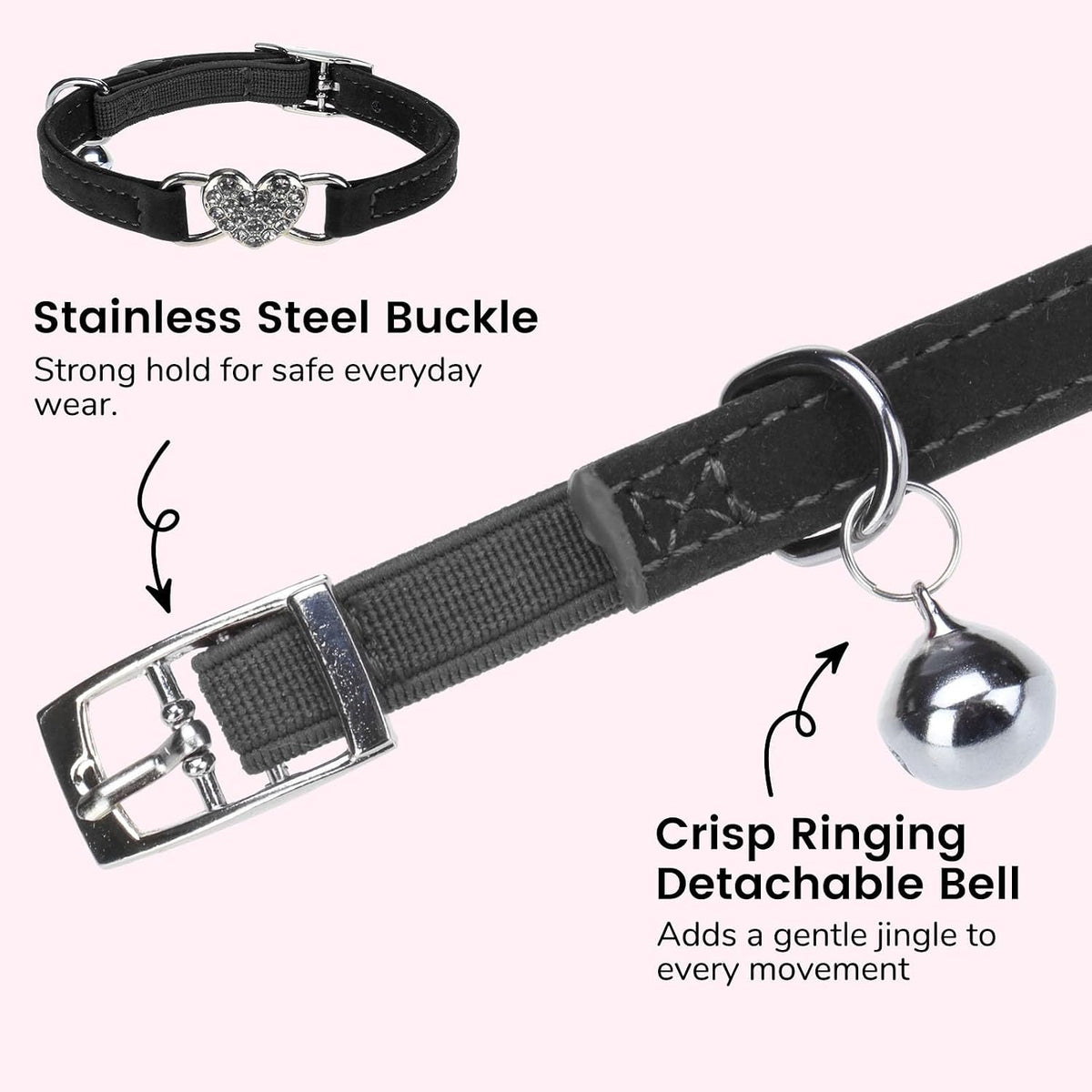 BINGPET Diamond Cat Collar with Bell, Adjustable Kitten Collar - Black(Heart) / Neck Girth 6"-8" - image 4
