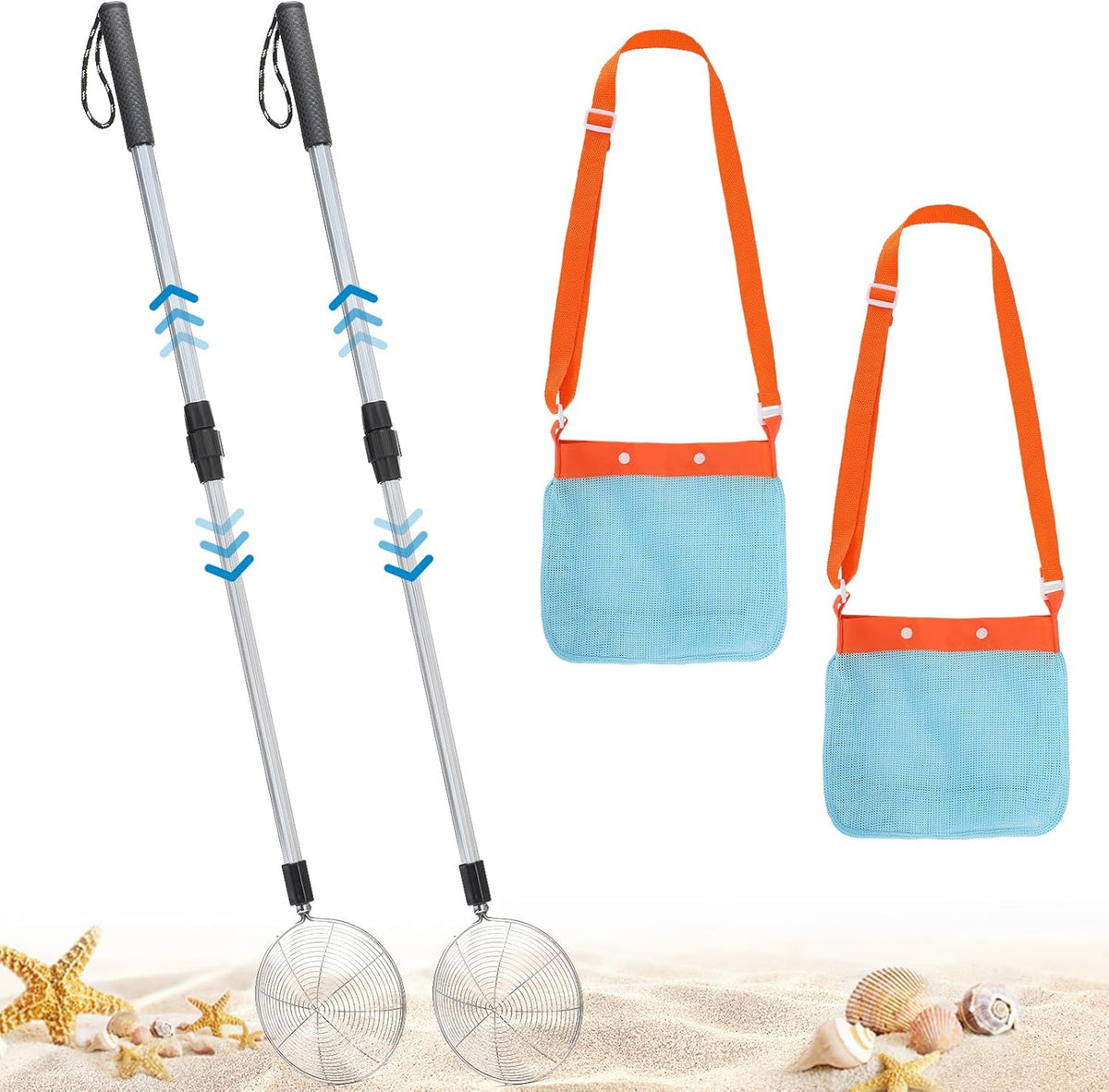 2 Pack 21.6"~33" Adjustable Sand Sifter with Seashell Bags for Adults - 2 Pack