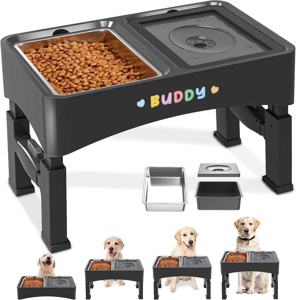 3-in-1 Elevated Dog Bowls with 4 Height Adjustable Raised Stand – Essentials for Dogs - Black / 2-in-1 Dog Bowls Set