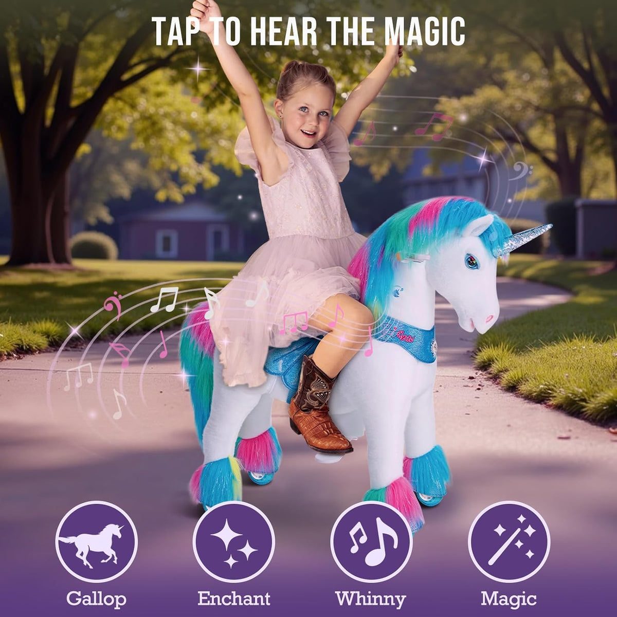 PonyCycle rainbow ride-on unicorn for toddlers with plush body, handlebars and hand brake - view 15