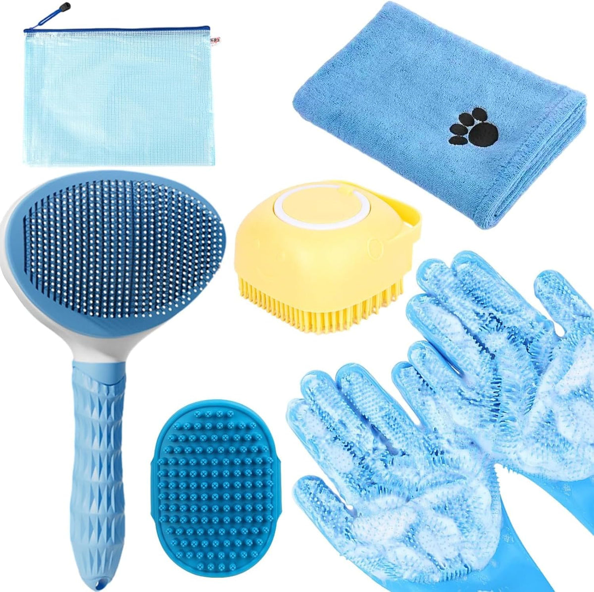Bath Grooming Kit for Pets, Hair Brush Set with Towel - 6-Bath-Blue