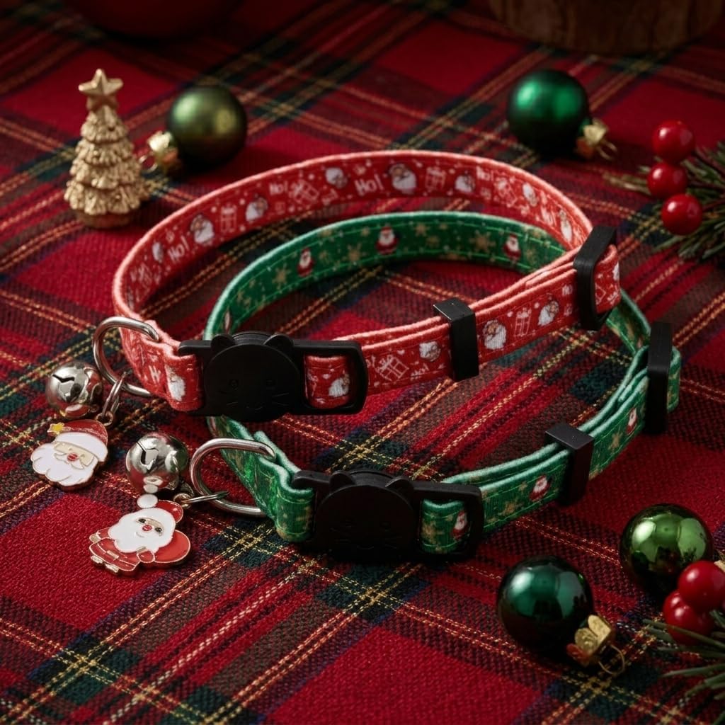Halloween Cat Collar, Cotton 2 Pack Cat Collar with Bells - Santa / 7-11'' - image 3