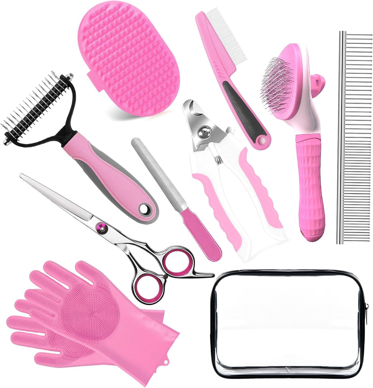 Dog Brush for Shedding 13pcs Bath Grooming Kit with Pet Nail Clipper - Pink 10pcs